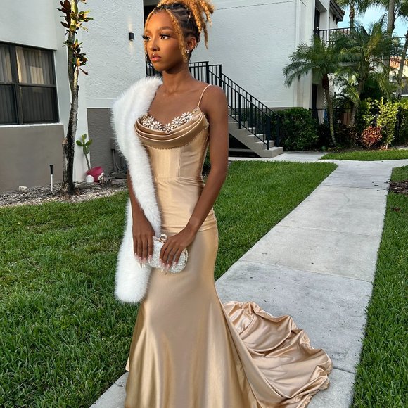 Elegant Gold Prom Dress. WORN ONCE! - Picture 1 of 3